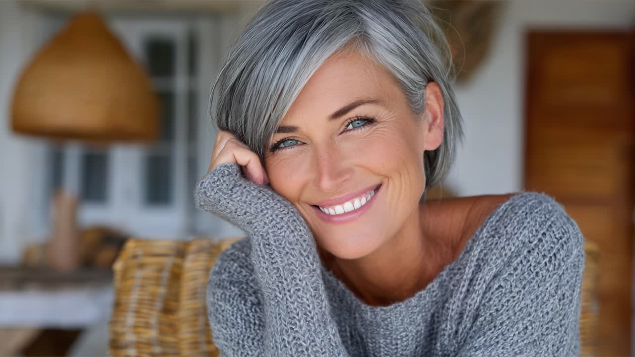 Donna felice con capelli grigi che sorride in un accogliente maglione, ritratta in due immagini che trasmettono calore e felicità in una serena ambientazione interna