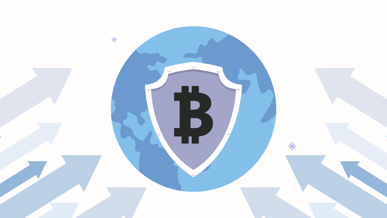 bitcoin in shield with earth planet and arrows