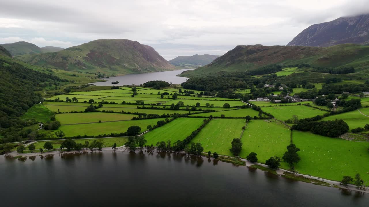 An aerial perspective of Buttermere, Lake District in England. Buttermere and Crummock Water on an overcast day