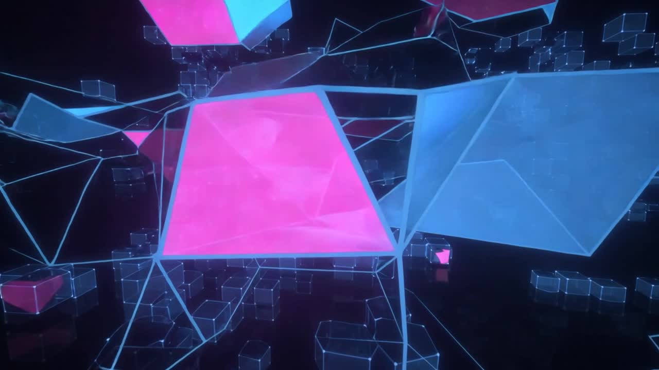 Advancing camera bringing magenta panels and cyan folds in neon cavern, revealing wireframe mesh