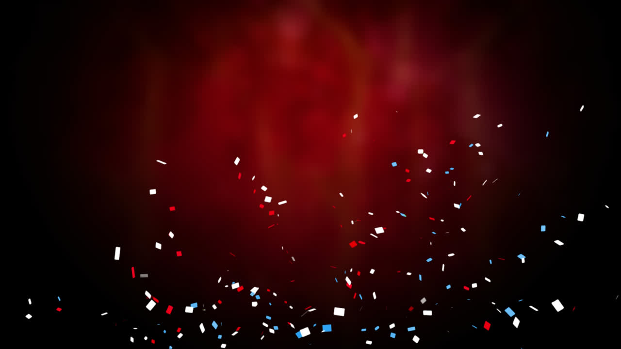 Animation de confettis multicolores tombant sur un fond rouge lumineux
