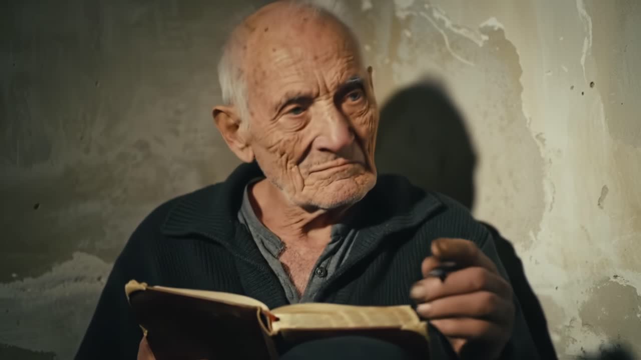 An Elderly Man Engaged in Writing Observations in a Worn Notebook, Reflecting Introspection and Lifelong Wisdom Against a Weathered Background