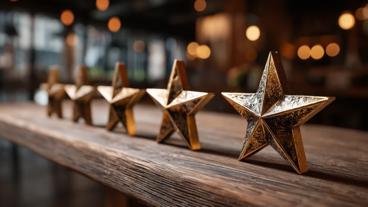 A Close-Up Journey of Golden Star Decorations on a Rustic Wooden Table, Showcasing Their Unique Design and Sparkling Shine in a Cozy Atmosphere