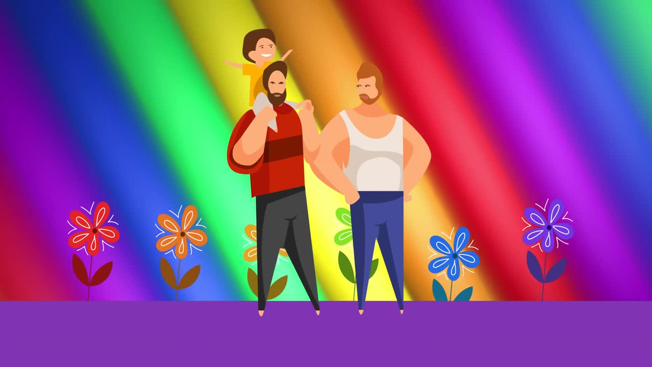 animación de una pareja masculina con un niño sobre rayas y colores del arco iris que se mueven en un bucle sin costuras.