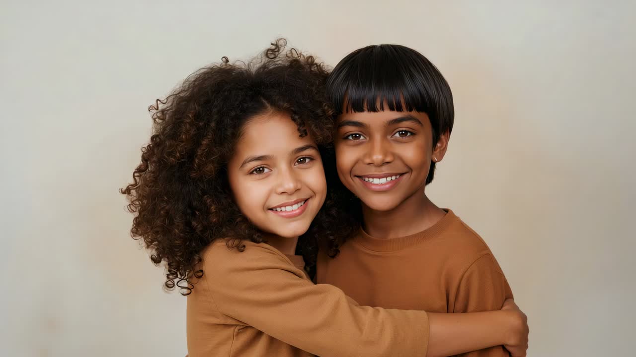 Casal se abraçando e sorrindo em um plano de fundo bege enquanto a câmera se aproxima, mostrando o amor, camisas marrons, brinco de orelha