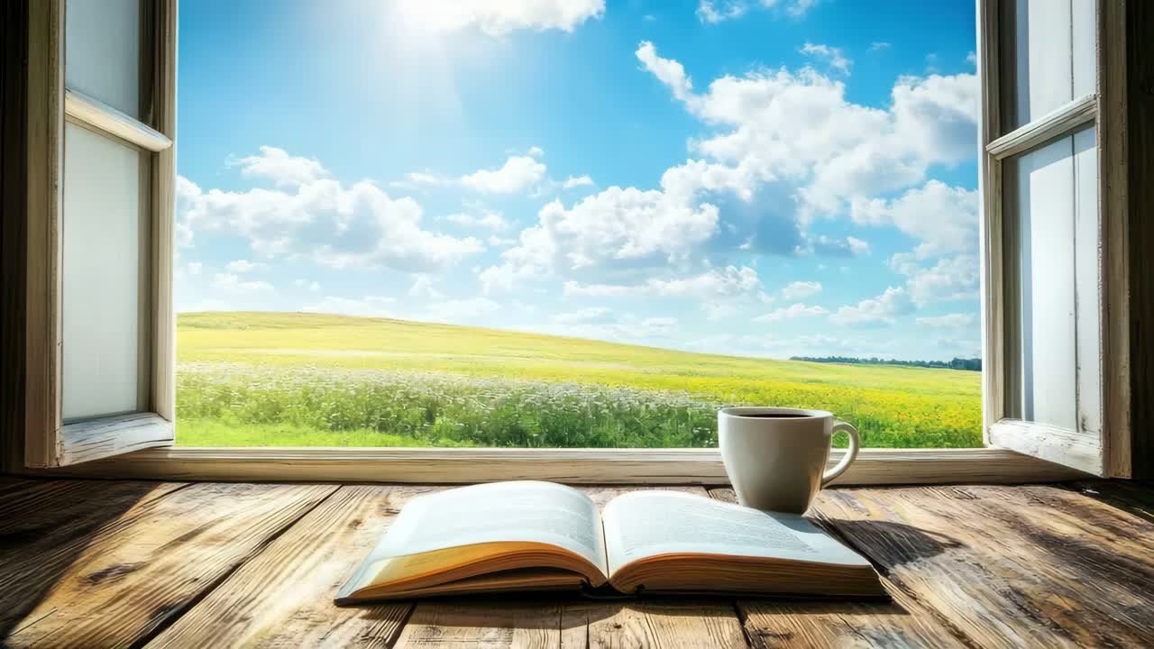 A serene video scene from a low angle shows an open book and coffee cup on a wooden table