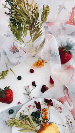 floral cake and berry still life