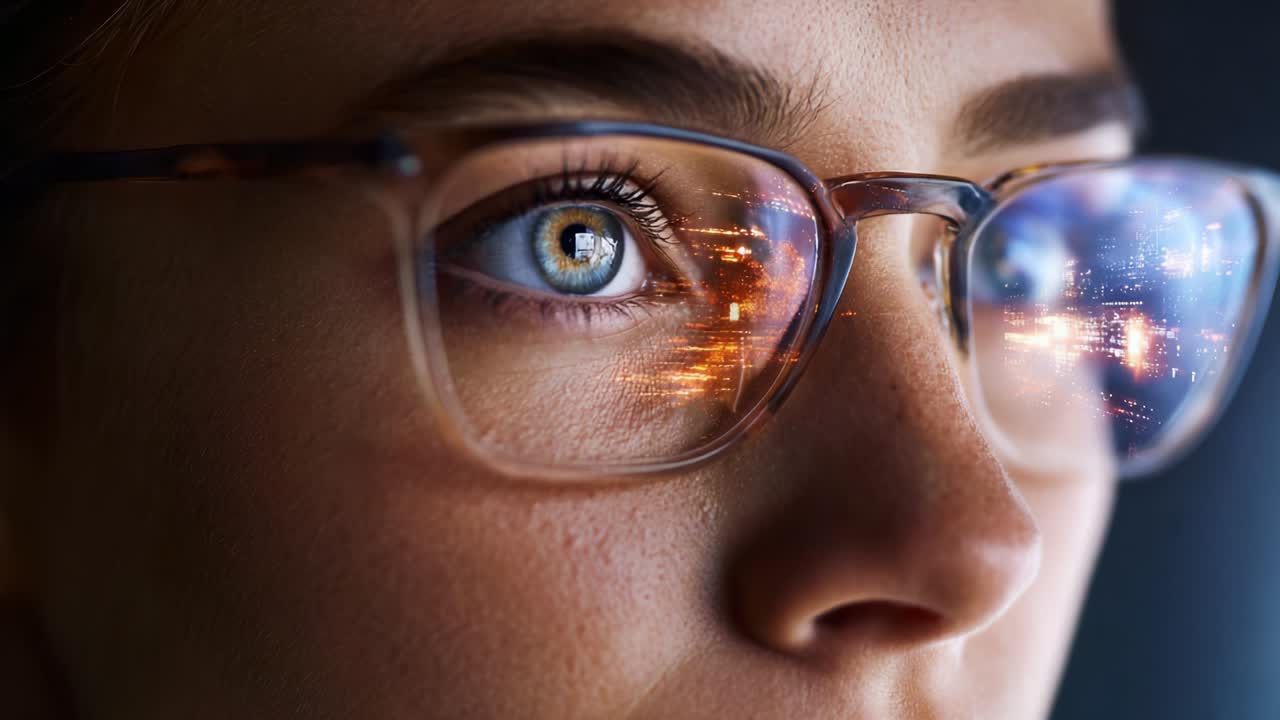 Close-Up of a Person's Face with Glasses Showcasing Reflective City Lights in Their Eyes, Emphasizing Depth and Detail of Emotions and Surroundings in the Human Experience