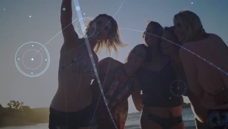 animation of networks of connections over happy group of friends having fun, walking along beach