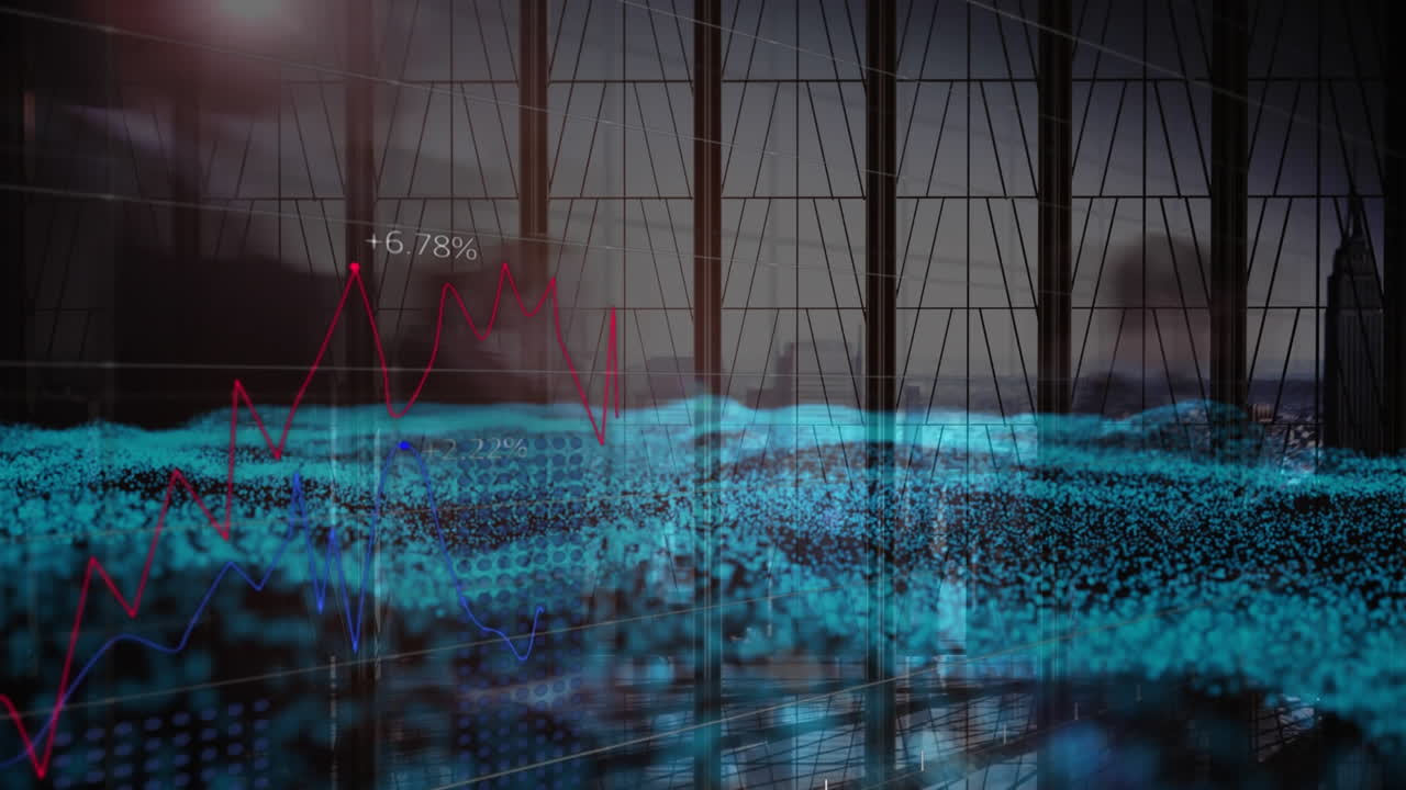 Animation of financial data processing over business people walking