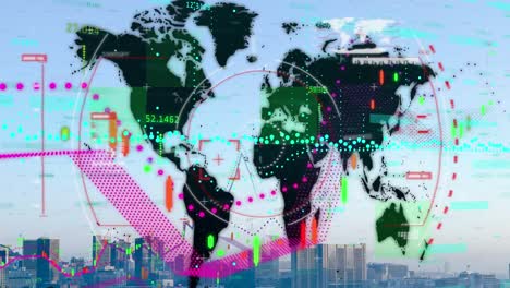 animation von weltkarten und datenverarbeitung über stadtlandschaften