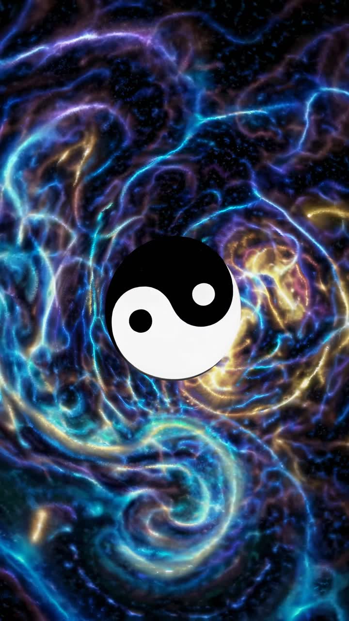 Un video dinamico con un simbolo yin-yang centrato su uno sfondo cosmico colorato e vorticoso