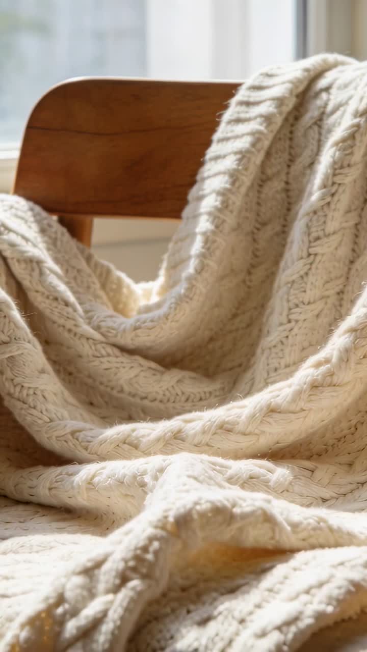 Video verticale: Luce solare mutevole che fa adagiare una coperta a trecce color crema su una sedia vicino alla finestra.