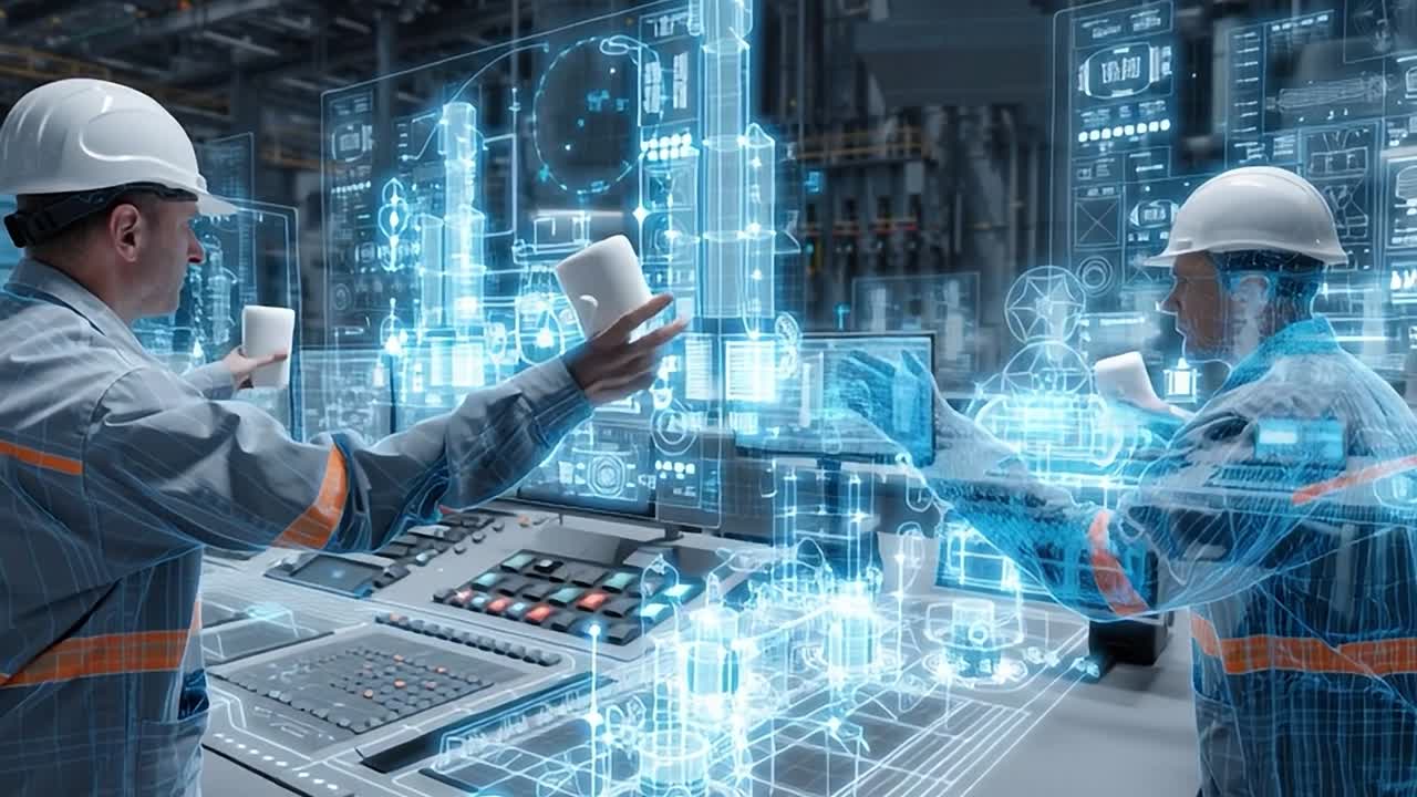 Workers interact with digital interface in advanced manufacturing facility