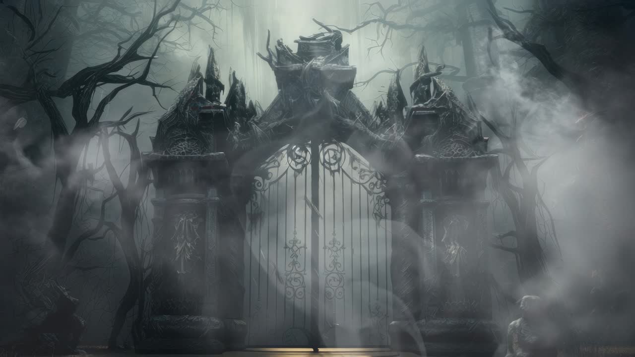 Eerie, gothic gate in a foggy forest, captured from a low angle