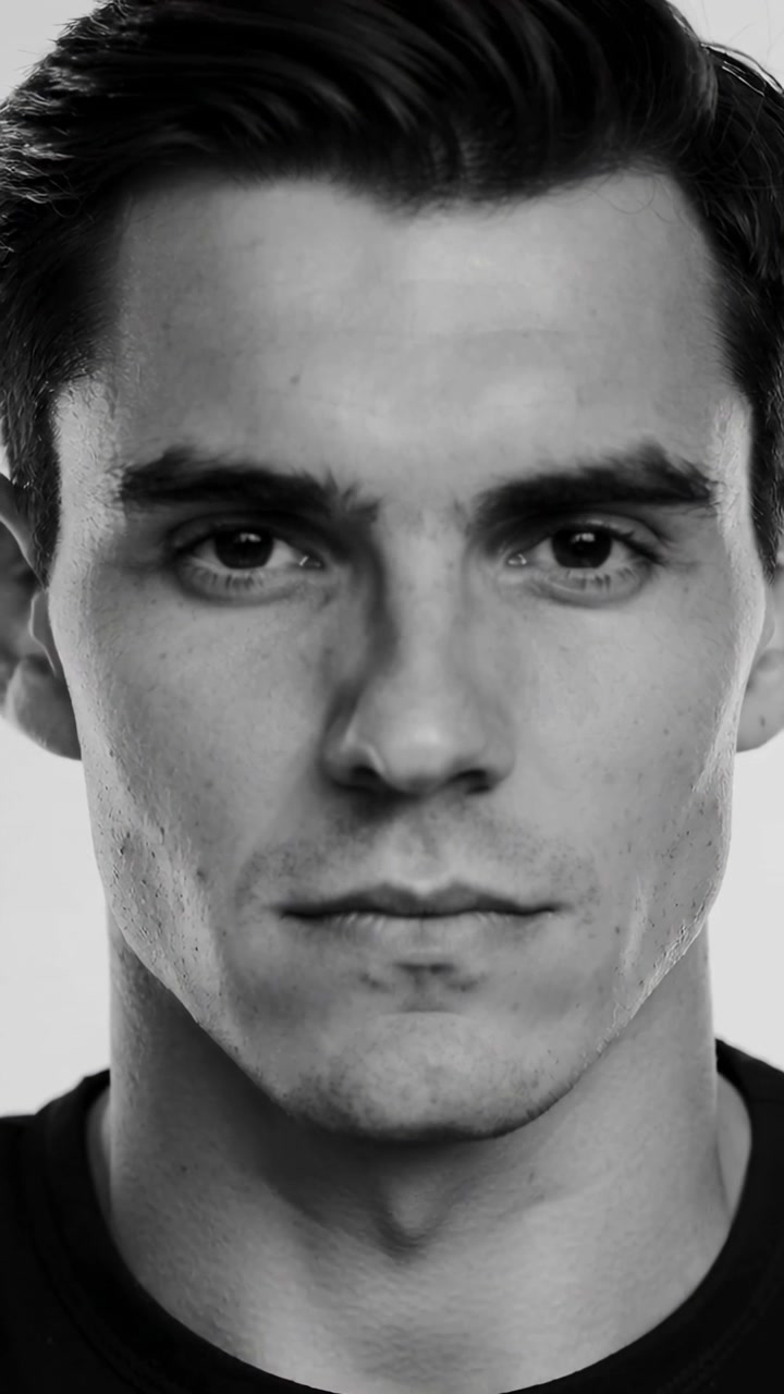Vídeo vertical: Homem mantendo uma pose calma e piscando em estúdio, enquanto a câmera filma, com cenário escuro e iluminação da equipe.