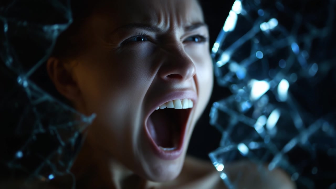 Una donna urla con passione in un'immagine suggestiva, la sua espressione piena di intensità mentre rompe frammenti di vetro, simboleggiando un potente sfogo emotivo