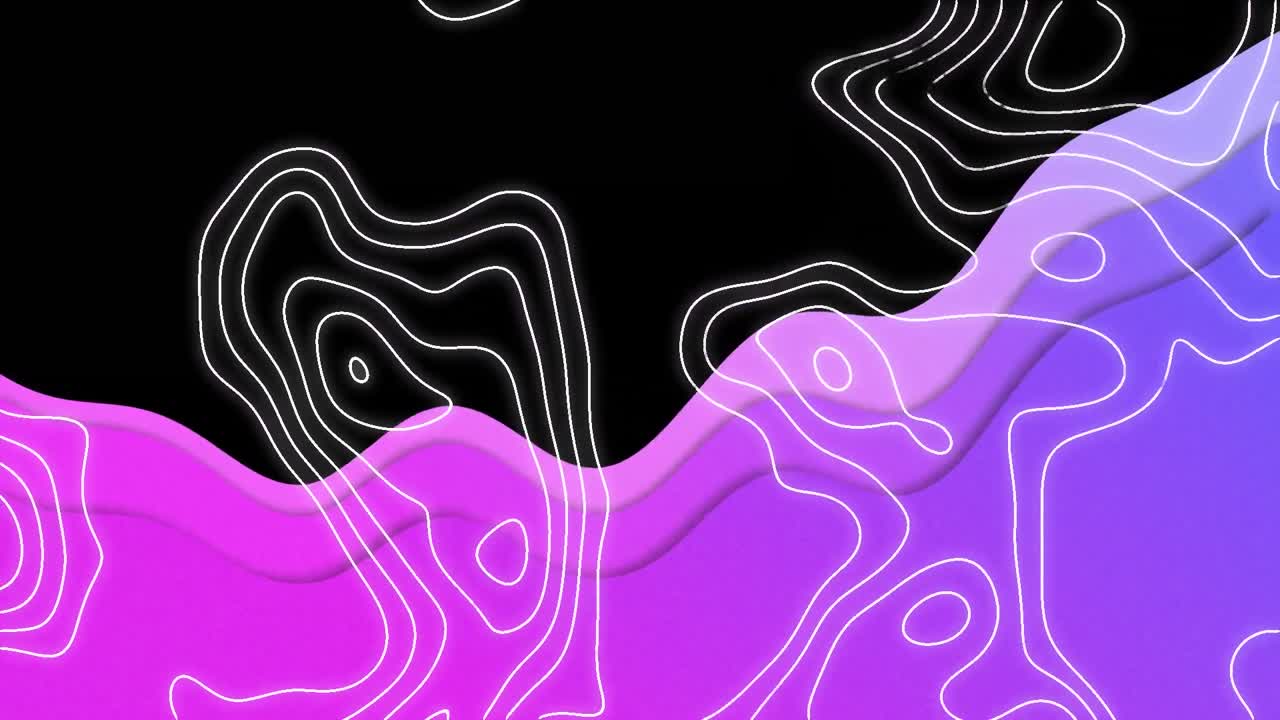 Animation of white map lines and purple waves over black background