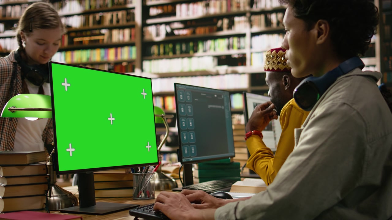 Green screen mockup on desktop computer with tracking markers