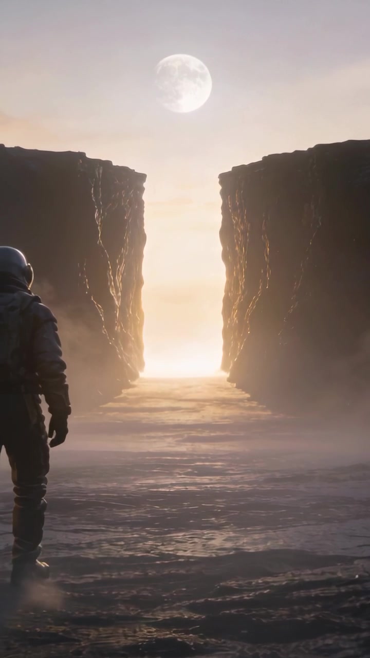 Vertical video: Walking helmeted explorer seeking bright gap, kicking mist under moon, copy space