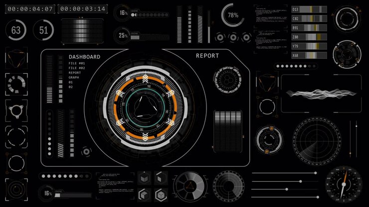 Motion graphic of Head up display ( HUD UI ) technology interface screen with futuristic elements graph and chat panel abstract background alpha channel included