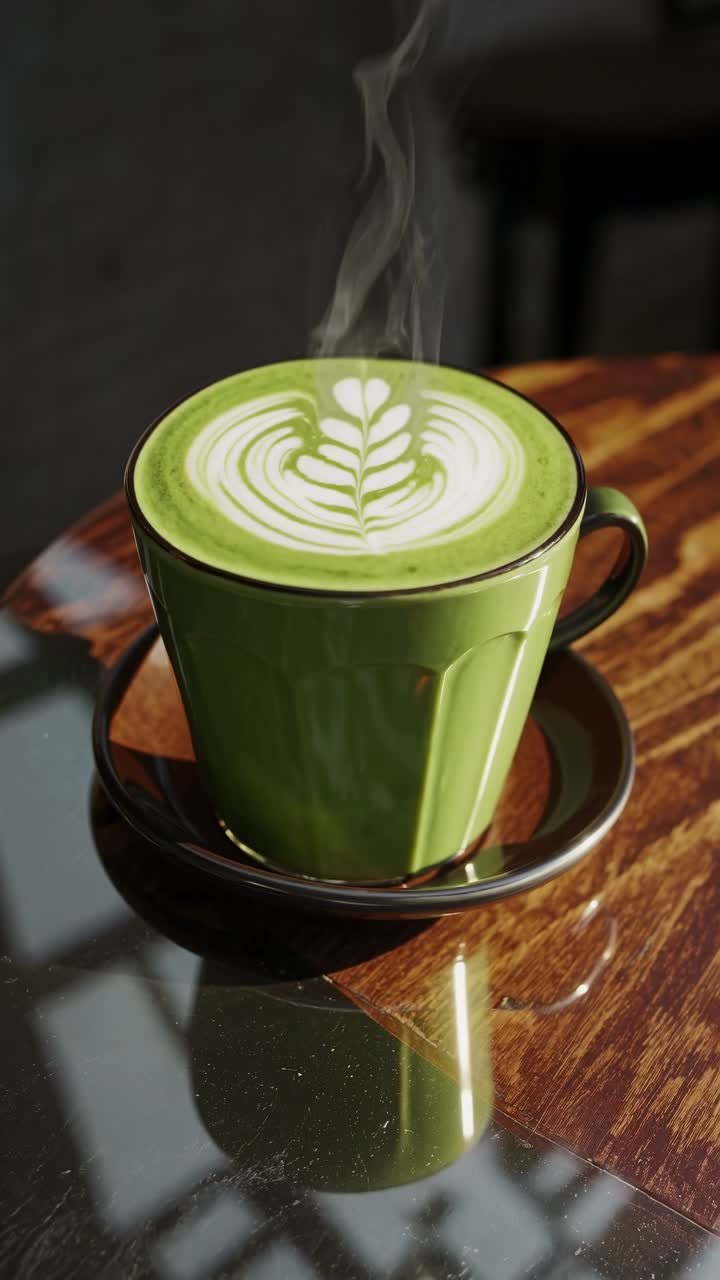 Top-down view of a green matcha latte with latte art on a wooden table