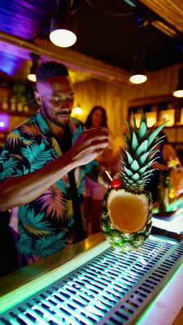 bartender preparing tropical cocktails at a vibrant bar