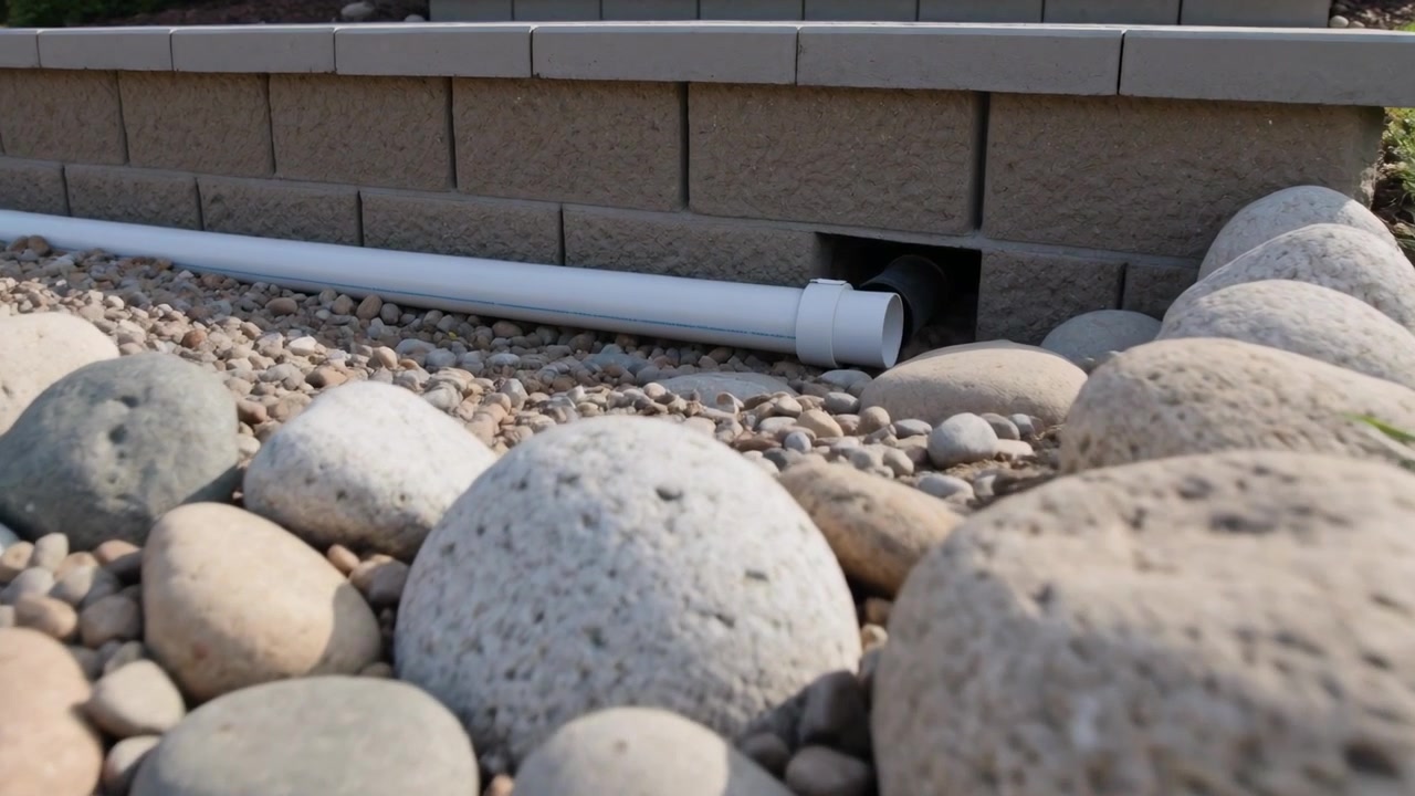 Telecamera in movimento che rivela ciottoli di fiume arrotondati e un tubo di scarico in PVC lungo la parete in blocchi di una casa, mostrando l'uscita.