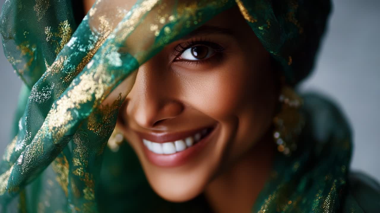 A Captivating Portrait of Elegance: A Beautiful Woman Radiates Joy and Grace, Adorned in a Green Veil that Compliments Her Smile and Enlivens Her Features in Soft Lighting