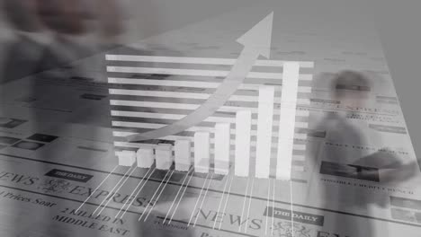 animación del procesamiento de datos financieros con flecha sobre el periódico.