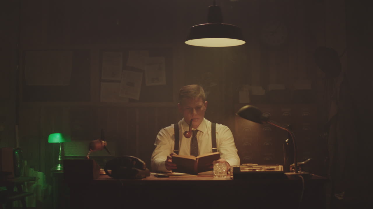 희미하게 조명 된 사무실 에서 탐정 을 읽는 것