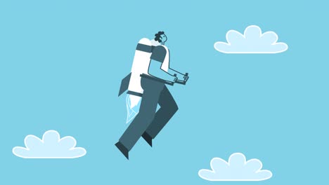 flying businessman with jet pack. flat design cartoon character isolated loop 2d animation with alpha channel