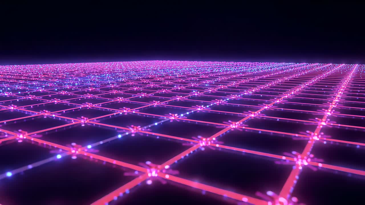 Initiating camera glide, revealing neon-lit grid plane receding toward pink horizon, pulsing nodes