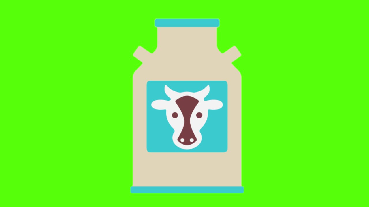 초록색 스크린 배경에 소가 있는 우유 병
