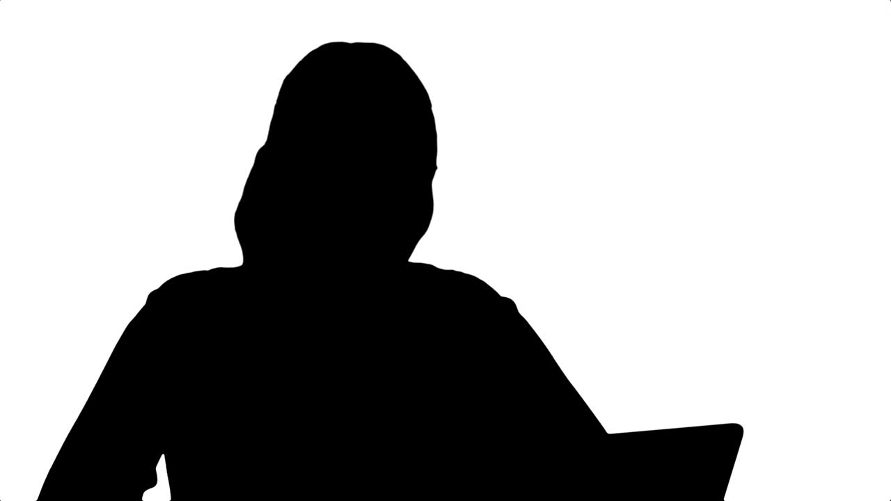 실루 젊은 사업가 여성이 노트북 컴퓨터를 사용하여 온라인에서 파트너와 대화하고 있습니다.