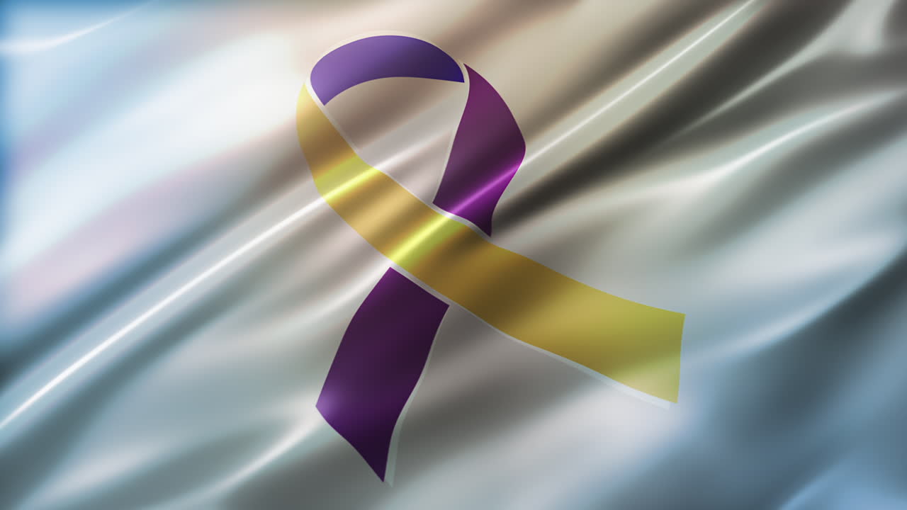 Nastro per il cancro alla vescica, bandiera della consapevolezza, blu navy, giallo e viola, vista prospettica, dall'alto, lucido, elegante texture setosa, animazione CG 4K, raffinato, sventolio al rallentatore, animazione in loop continuo.