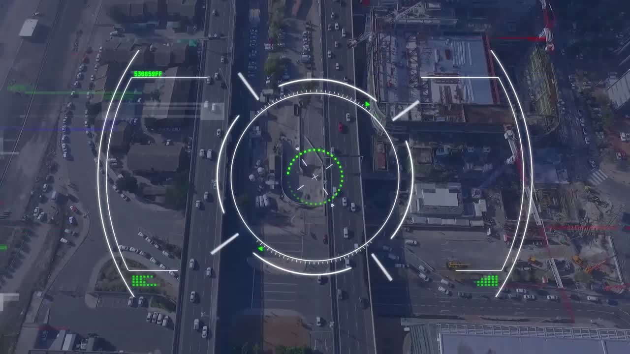 차량과 함께 도시의 공중 시야에 대한 원 위의 고장 기술의 애니메이션