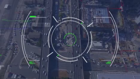 Animation of glitch technique over circles against aerial view of city with vehicles