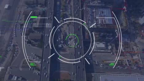 animation of glitch technique over circles against aerial view of city with vehicles