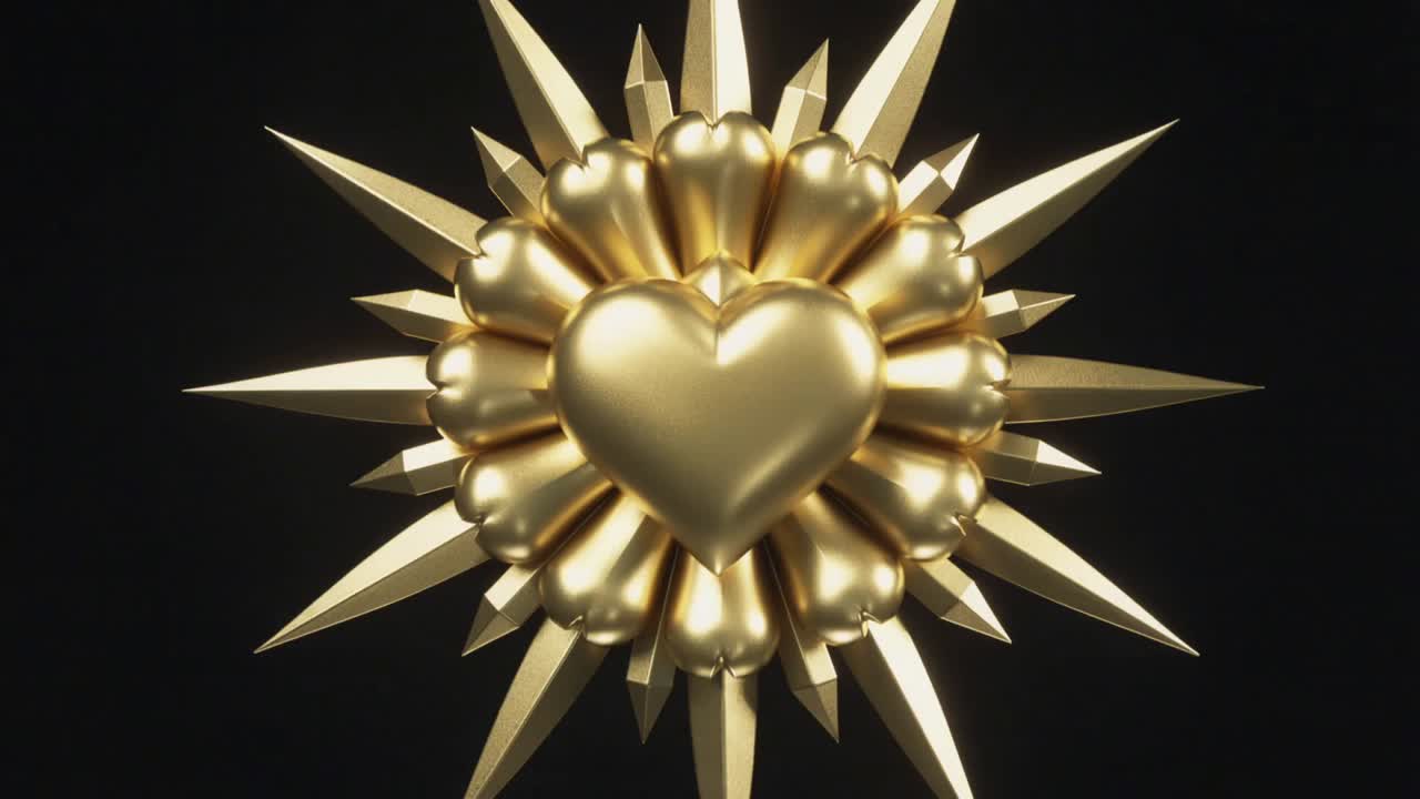 Decorazione rotante a forma di cuore dorato motorizzato con petali e punte su sfondo nero che mostra la profondità