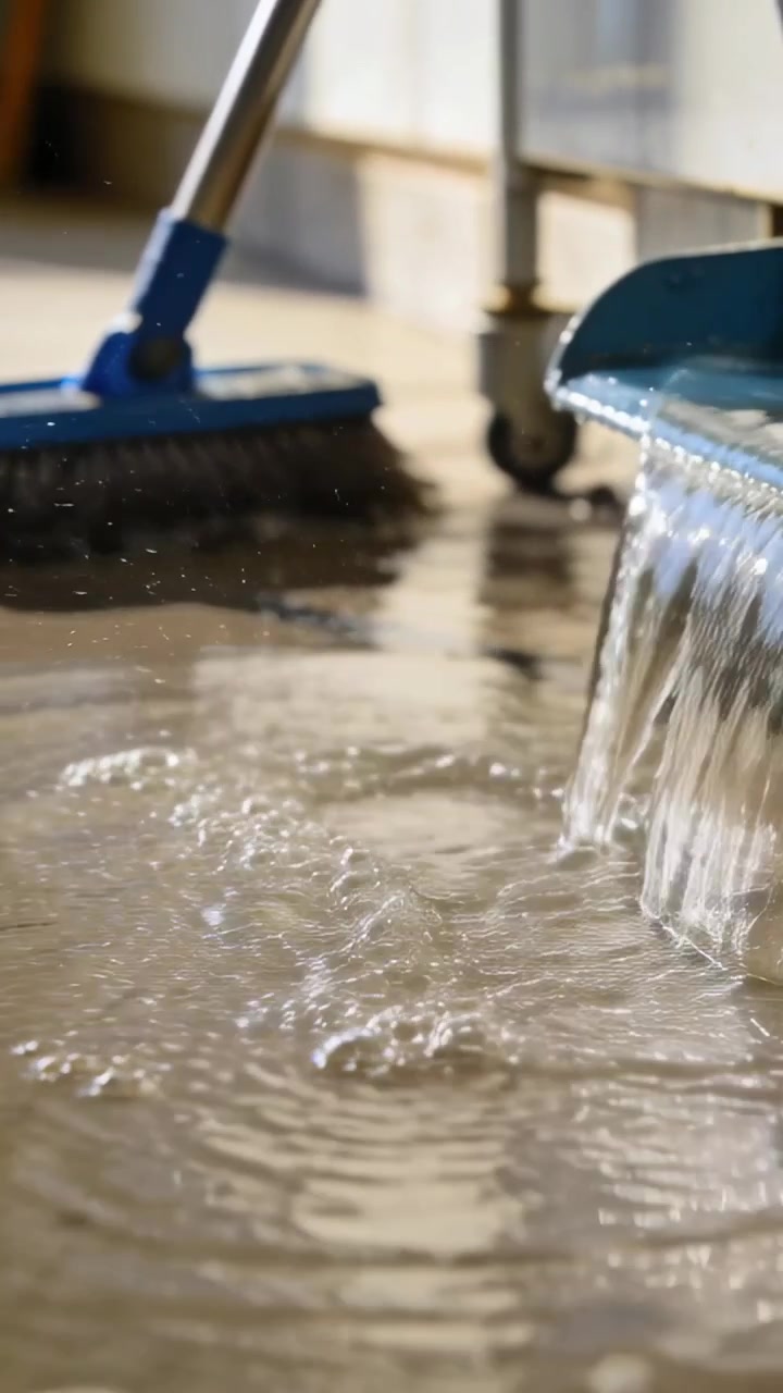 Vertical video: Pouring dustpan sending water across hall floor to dump water, blue mop and caster