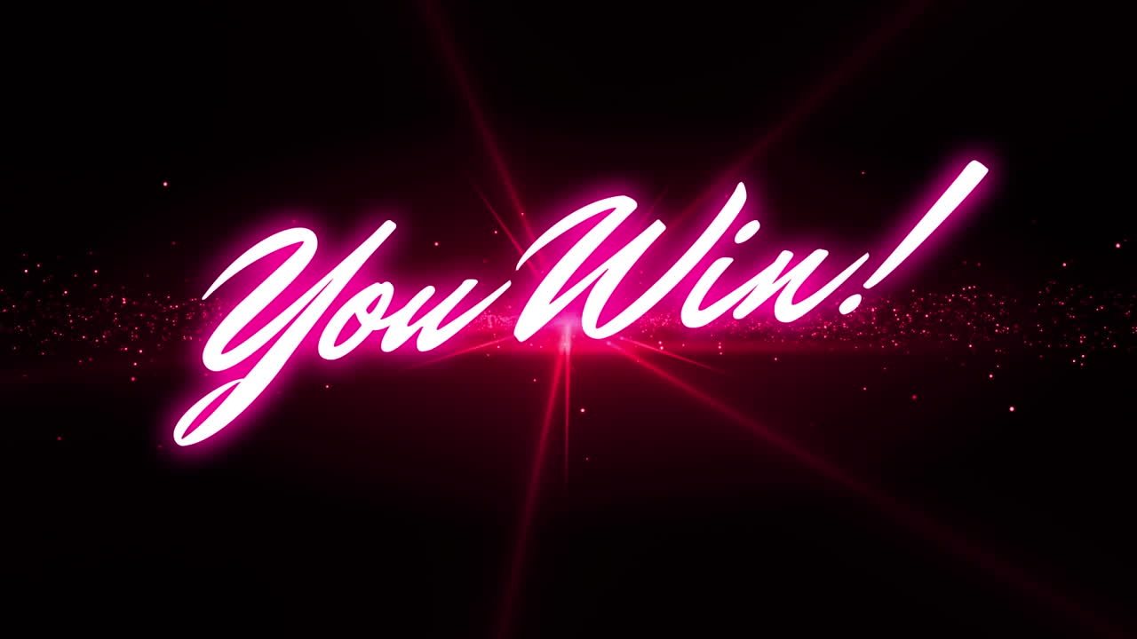 Animazione di un banner di testo viola neon "hai vinto" con un punto luce rosa su sfondo nero.