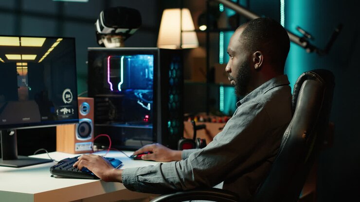 Ritratto di un uomo sorridente che gioca a un videogioco FPS sullo schermo del PC