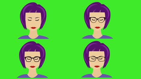 cartoon women face avatar animation, moving and blinking eyes, on green screen chroma key