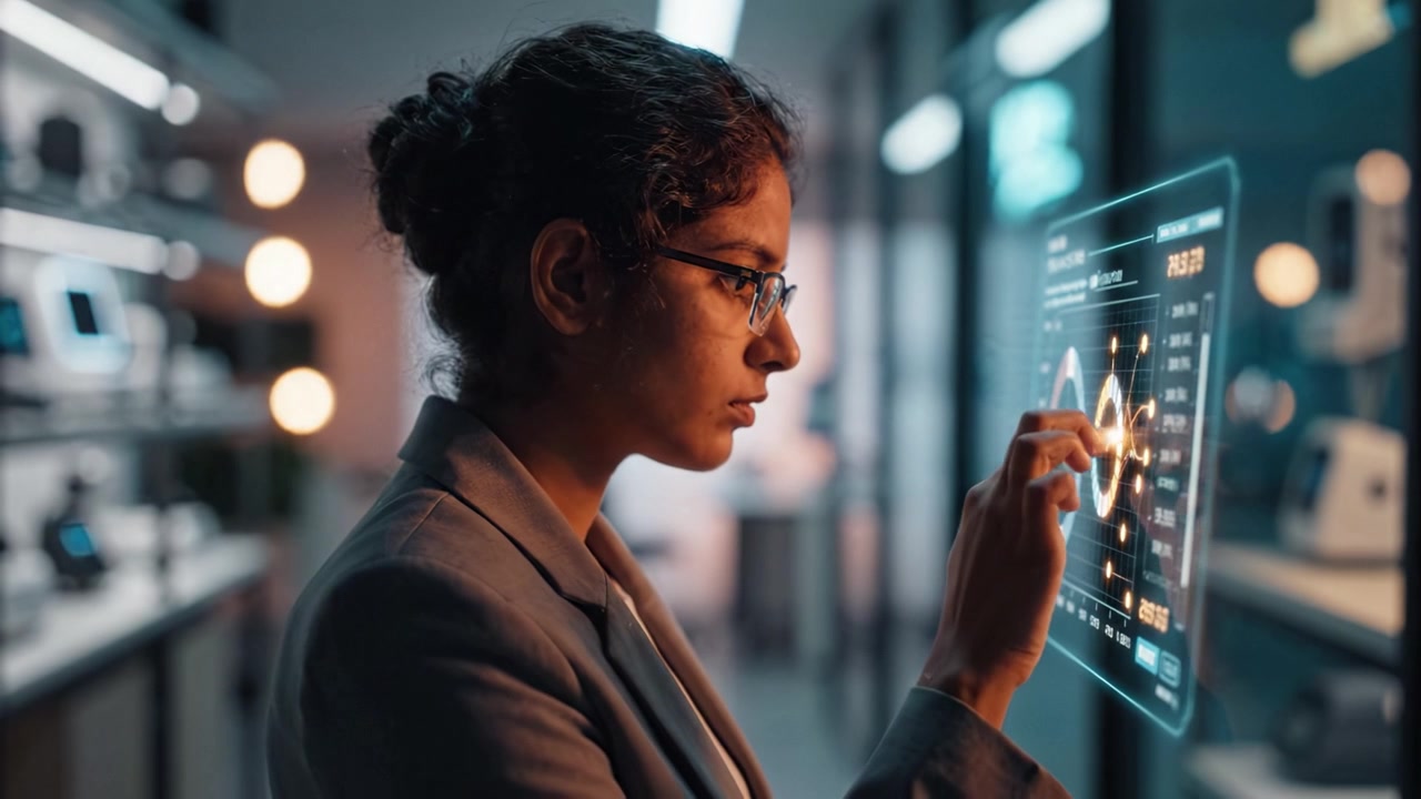 A focused woman in a modern office space observes digital data on a display, showcasing her analytical skills and engagement with advanced technology.