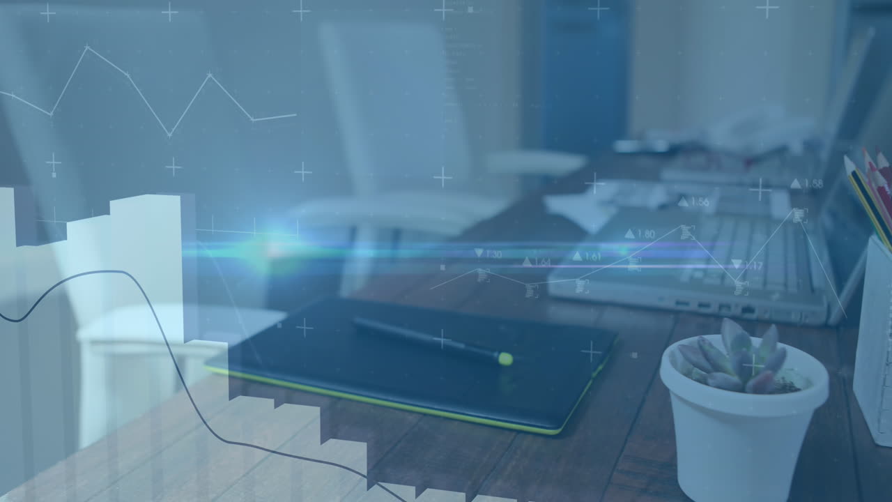 animação de múltiplos gráficos sobre cadeiras desocupadas, portátil e suporte de caneta na mesa