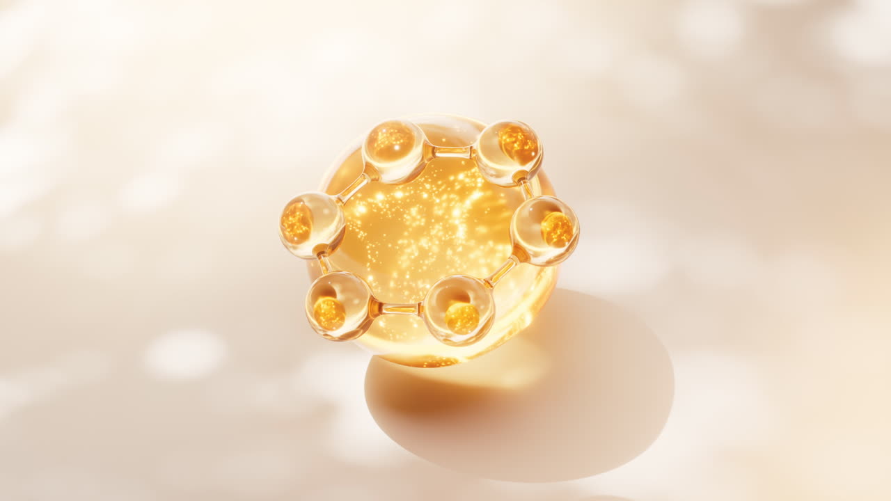 생물학적 황금 분자와 거품 배경, 3d 렌더링