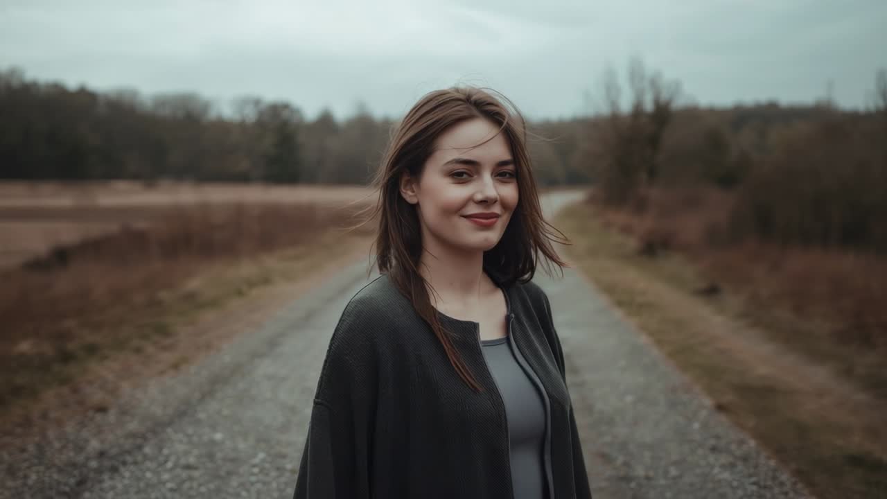 Kigger tilbage, kvinde i cardigan roterer og vender mod kameraet på grusvej med græs, smilende.