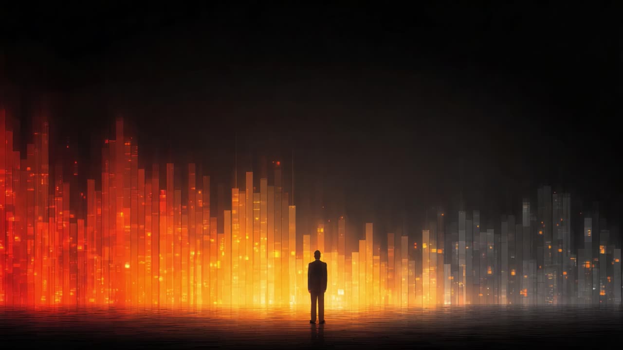 A solitary figure stands before a dynamic and vibrant display of color-coded data visualizations, depicting a stunning transformation from darkness to light with growing intensity