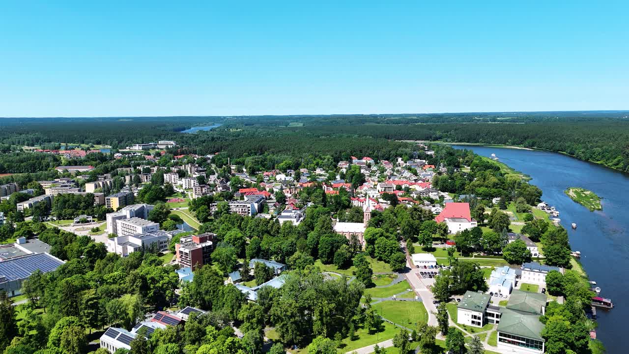 Iconic Birstonas township near blue river of Nemunas in Lithuania, aerial view